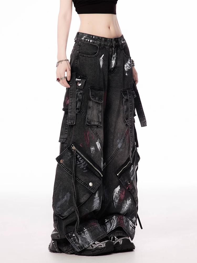 Details Jeans Reißverschluss Spray Paint Print Taille Weites Bein Cargo Schwarz Niedrig