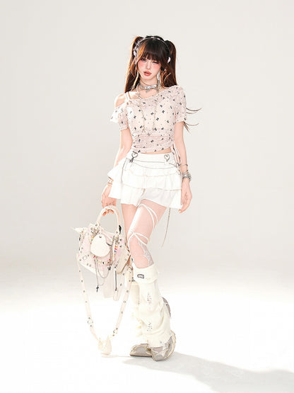 Asymmetrischer Ausschnitt Schleifendruck Kordelzug Halbtransparentes T-Shirt Rosa Taille