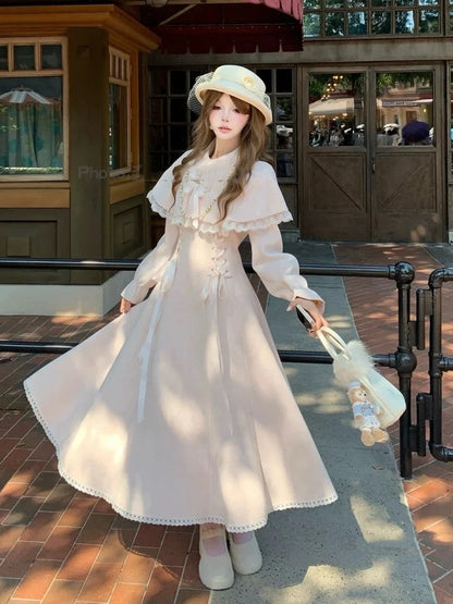 Clean Kei Lacing Jirai Dress Cape Waist Innocent Wool with Thick Style Pink