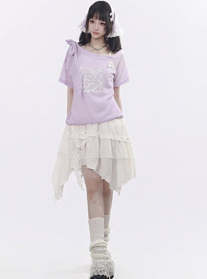 White Asymmetrical Cut Skirt with Lace Accents - PINK SAVIOR