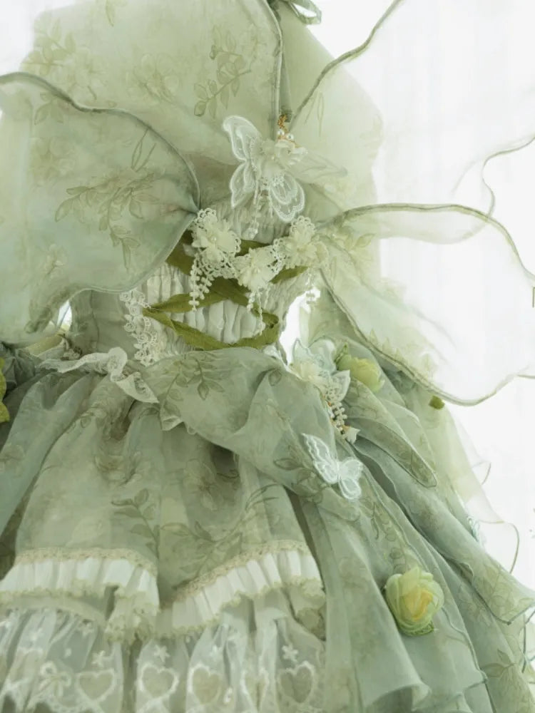 Set Decorated Princess Fairy Dress Flowers Lolita Butterfly JSK Light Full Green Forest