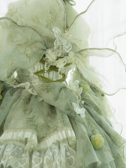 Set Decorated Princess Fairy Dress Flowers Lolita Butterfly JSK Light Full Green Forest