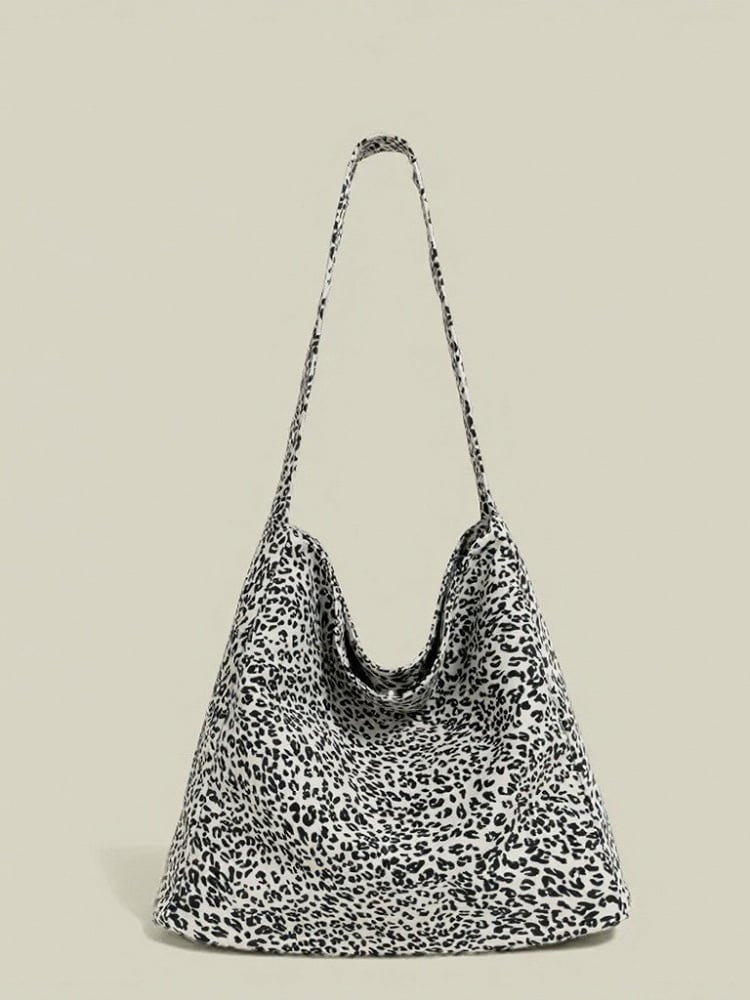 White Print Shoulder and Black Leopard Bag Canvas