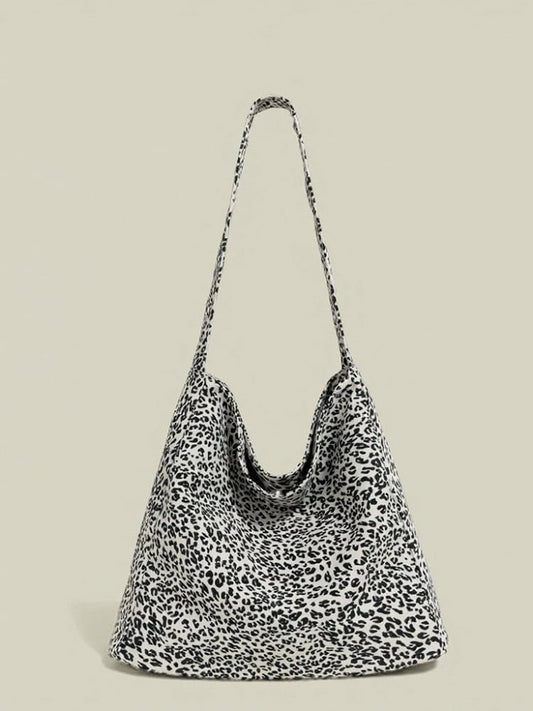 White Print Shoulder and Black Leopard Bag Canvas