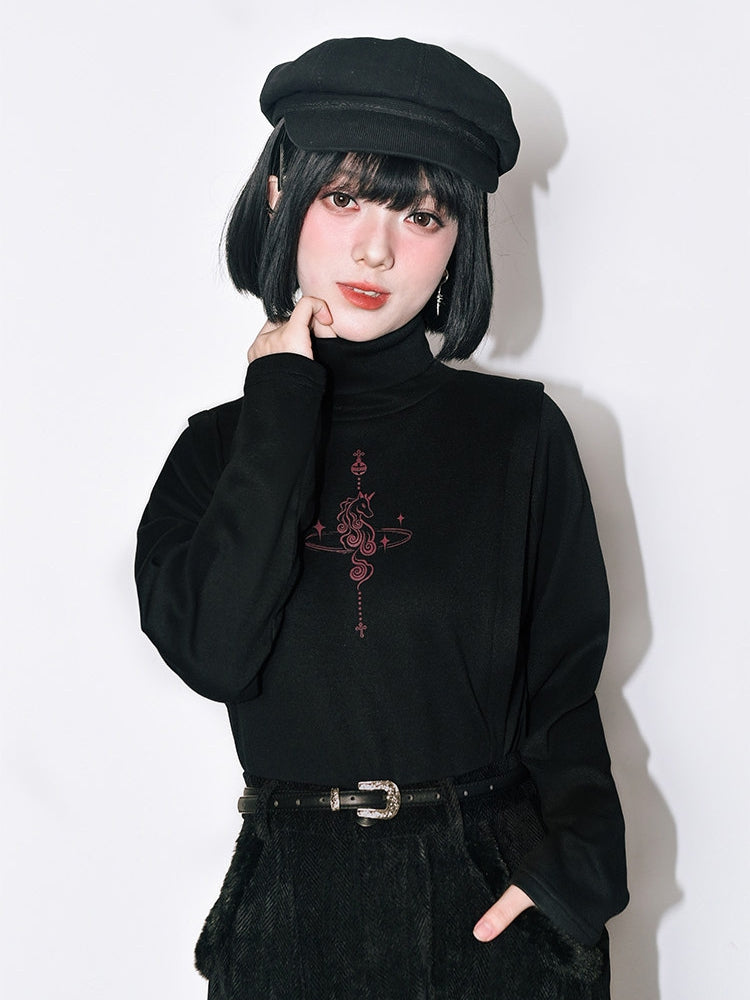 Fleece-lining Long Black with Print Top High-neck Unicorn Sleeve