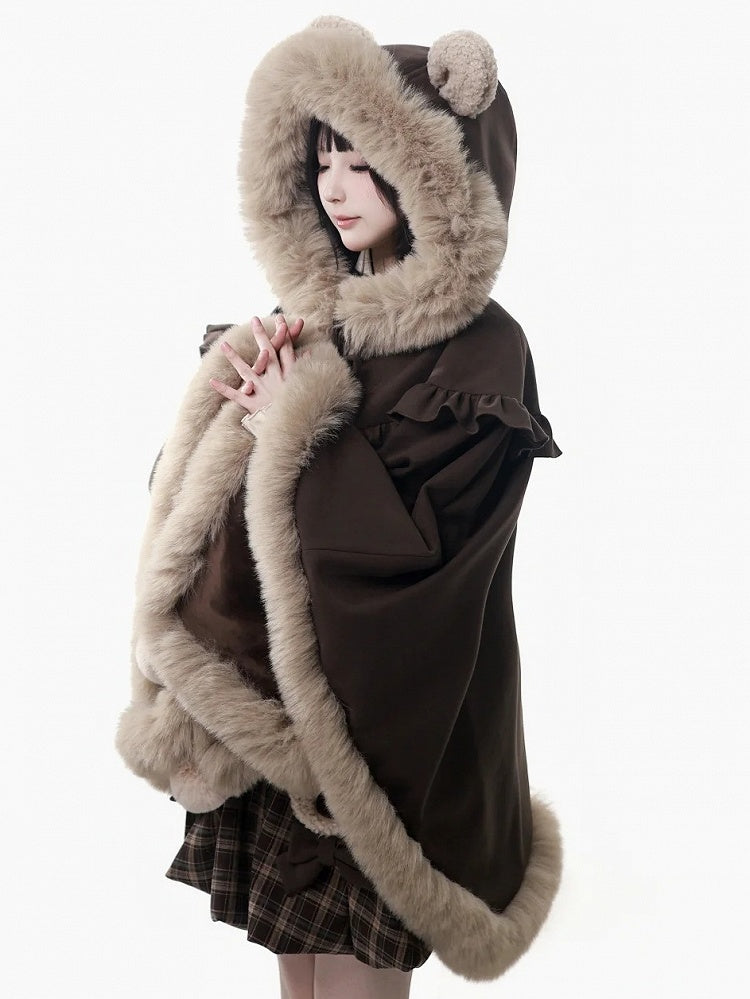 Pompon with Brown - Bear Plush Hooded Ear Accents Cape Hood Ruffle Trim Edging
