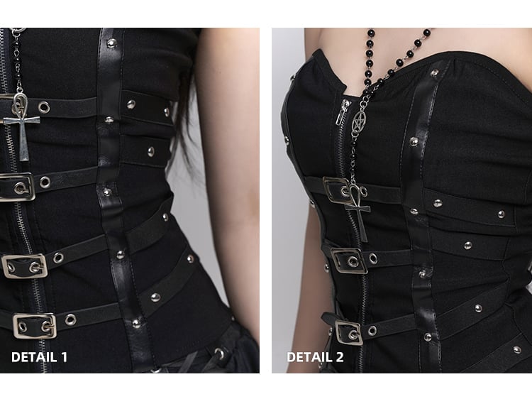 Zipper Placket Black Criss-Cross PU Front and Straps Buckles