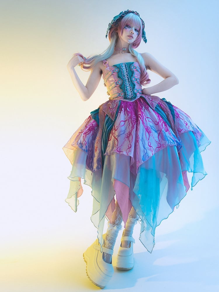 Embroidery Pink Bodice Print Biochemical Ribs Layered Handkerchief Lolita Spider Hem Dress