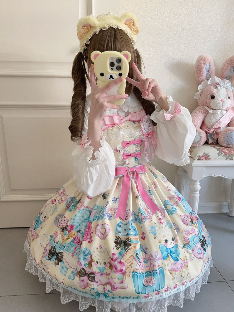 スカートプリントのテディロリータジャンパーとイエローのスイートクリームアイス