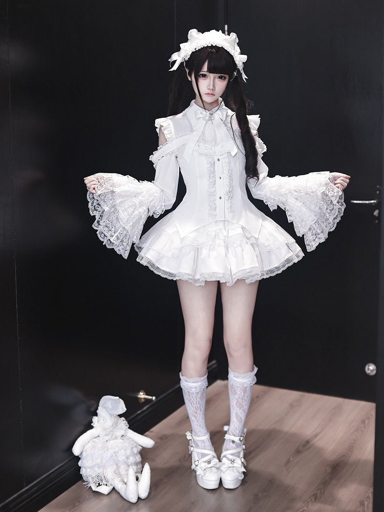 White Gothic Landmine Blouse with Cutout Shoulders, Bell Sleeves and Lace Accents - Ekomi