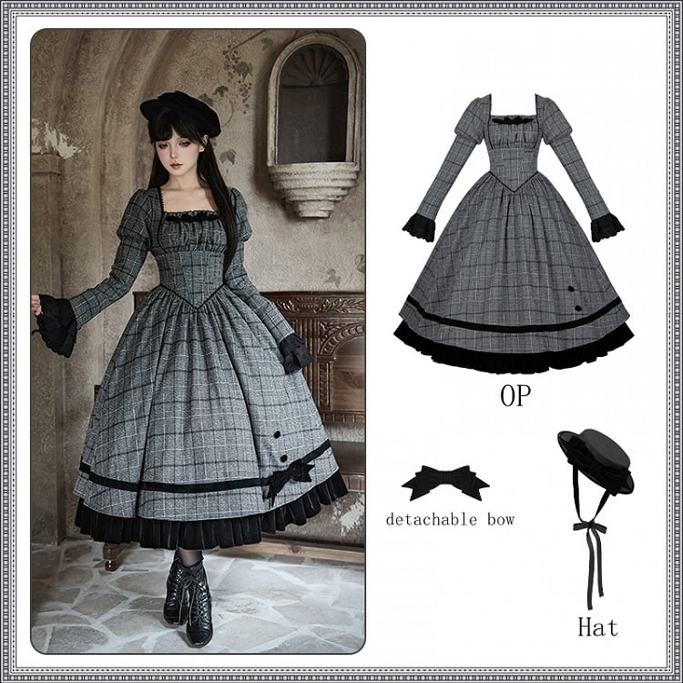 Dress Lolita and Bow Gray Elegant Hat + Plaid Boned Set Basque Black Waist Detachable
