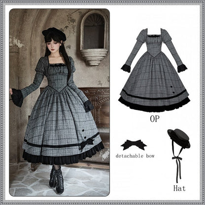 Dress Lolita and Bow Gray Elegant Hat + Plaid Boned Set Basque Black Waist Detachable