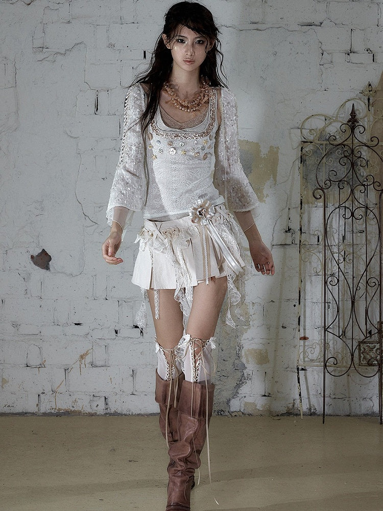 Off-White Fake Three-Piece Knit Cami Top with Shell Buttons - NO ROMANCE