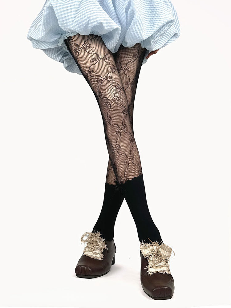 Tights Bow Black/White Fishnet Pattern Paneled