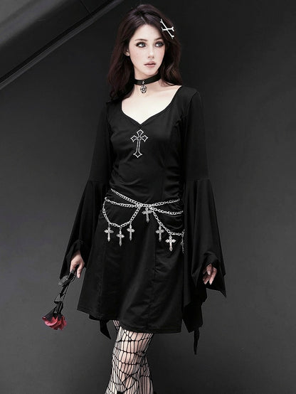 Gothic Punk Black Cross V-neck Flounce Bell Sleeves Dress with Waistchain Set