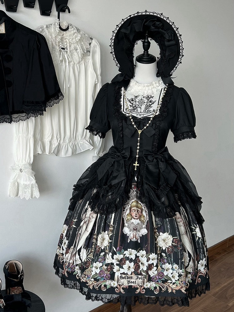 Lily and Puppet Doll Print Black Dark Gothic Lolita Short Sleeves Dress