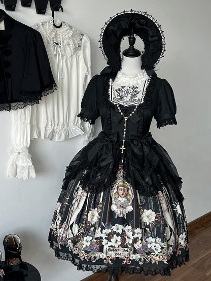 Lily and Puppet Doll Print Black Dark Gothic Lolita Short Sleeves Dress