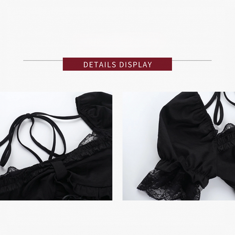 Schwarzes Gothic-Top mit Schnürung und Puffärmeln und Spitzenbesatz