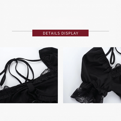 Schwarzes Gothic-Top mit Schnürung und Puffärmeln und Spitzenbesatz