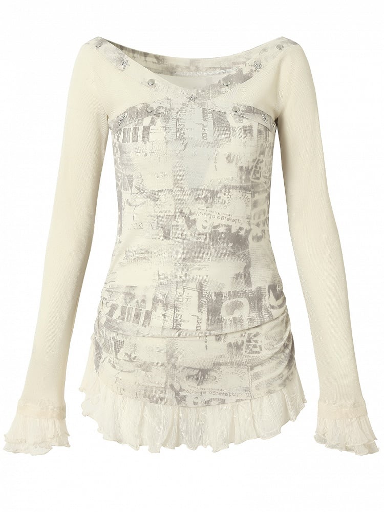 トリムスターレースウェイストランドパンクスタッド装飾ブラックグレー/ベージュTシャツと