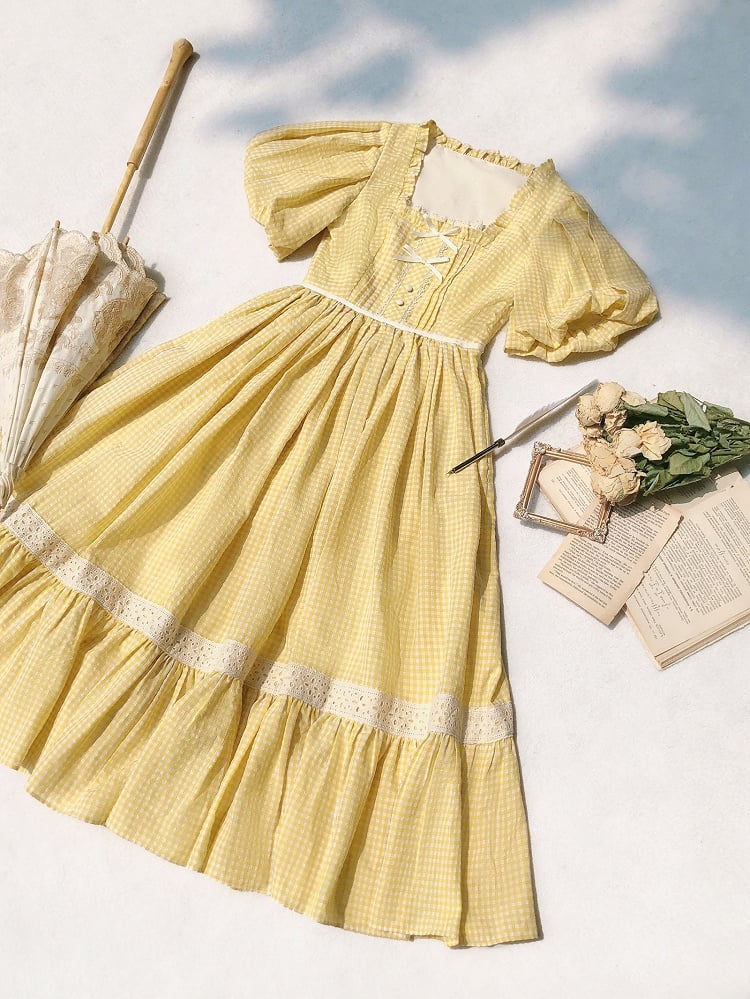 Plaid Lolita Yellow One Sleeves Neckline with Short Piece and Puff Square Sweet