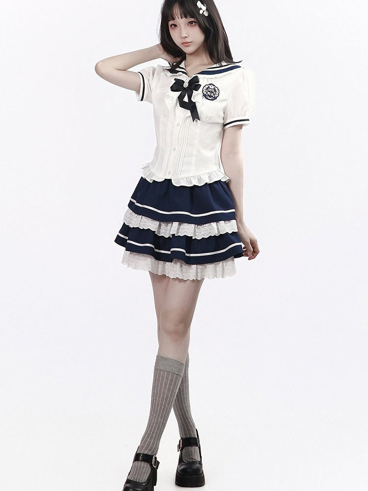 Navy Tiered Ruffle Skirt with Lace Details - PINK SAVIOR