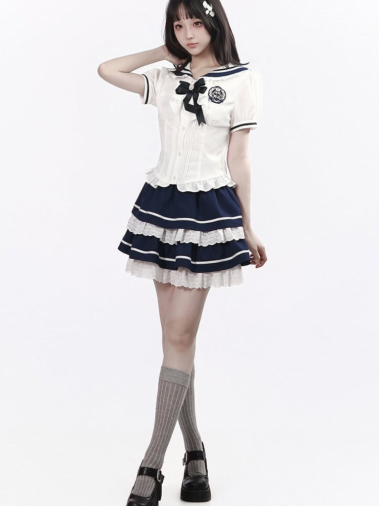 White Sailor Collar Puff Sleeve Blouse with Bow - PINK SAVIOR