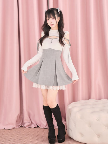 White Cut-Out Shoulder Knit Plaid Dress with Lace Trim - No Genki