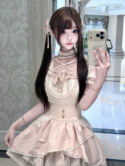 Ryousangata White & Pink Lace Bow Blouse - Jiuniang Cherry