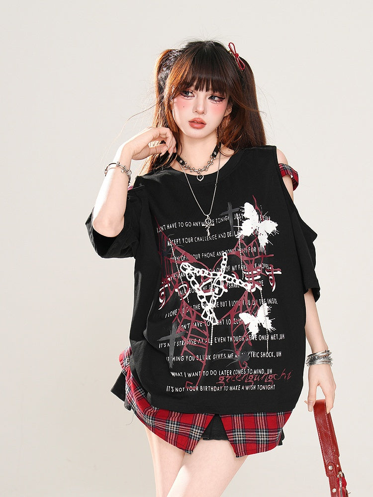 Rebel Hunter Butterfly and Spider Cutout Shoulder Plaid Patchwork Hem Black/White T-Shirt