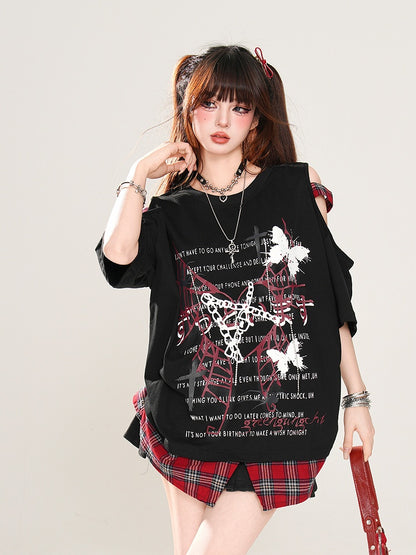 Rebel Hunter Butterfly and Spider Cutout Shoulder Plaid Patchwork Hem Black/White T-Shirt