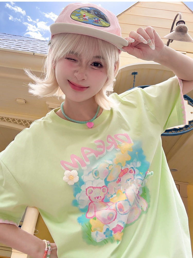 Accents Green Round Neck Teddy Bear Print Knit Loose T-shirt Floral