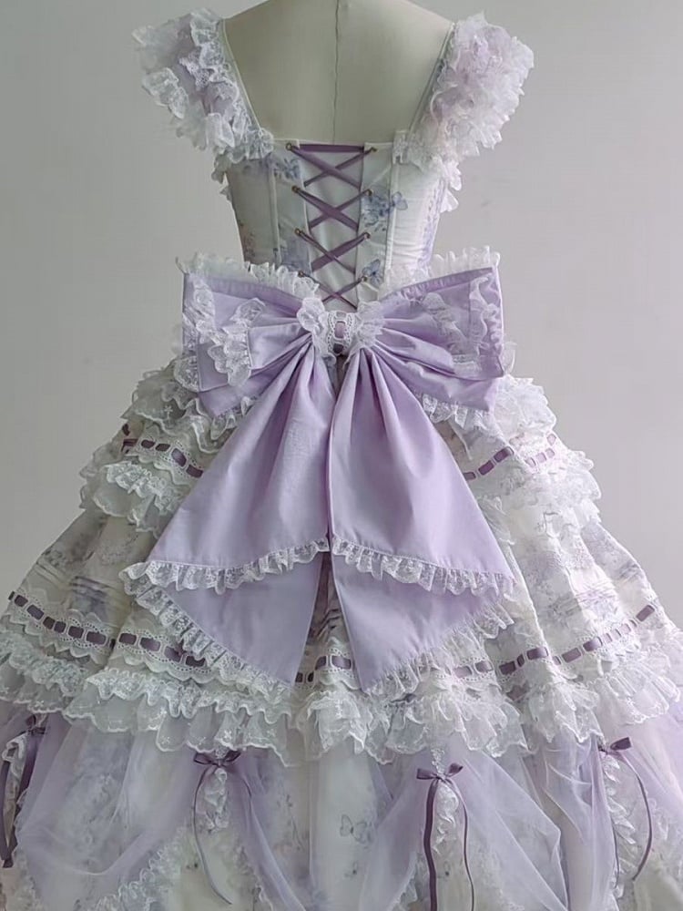 Lace White Purple Floral Hairband Top + Set Bow Skirt Embroidered Train Layered