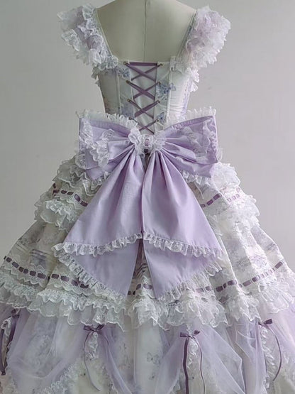 Lace White Purple Floral Hairband Top + Set Bow Skirt Embroidered Train Layered