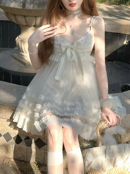 Lace With Bowknot Slip White Ruffles Dress Tiered Above Knee