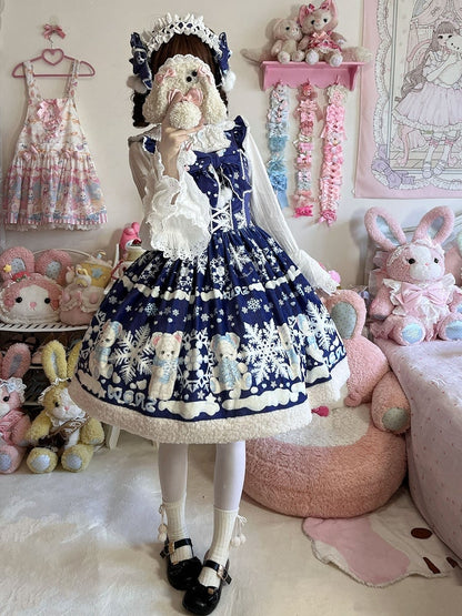 Teddy and Snowflake Print Dark Blue Winter Sweet Lolita Dress with Fleece Hemline