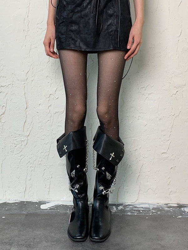 ホワイト ホワイト Y2K ラインストーン シアータイツ