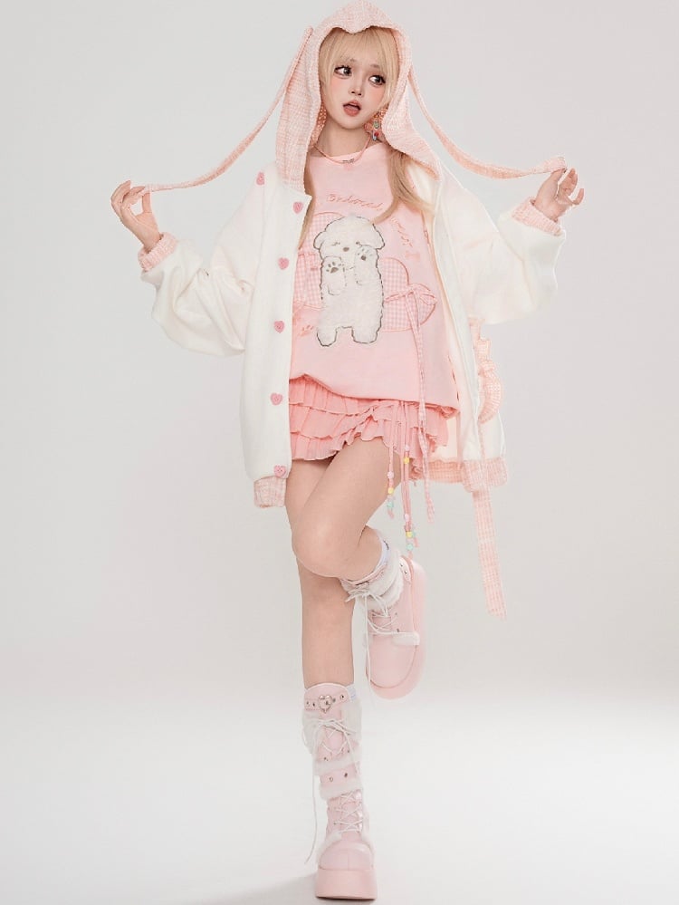 ライトブルー/ピンクの愛らしい子犬のぬいぐるみアップリケ半袖ルーズフィットTシャツ