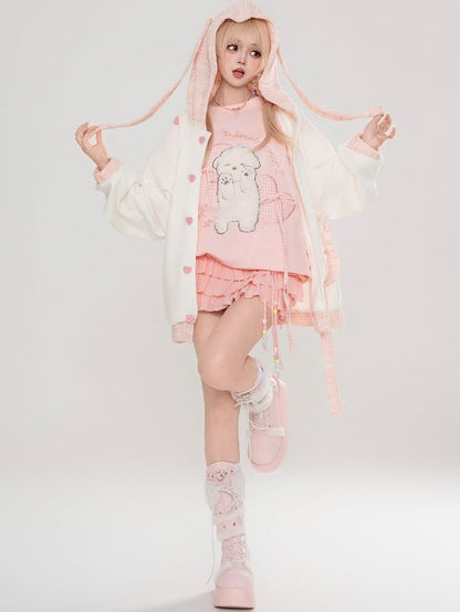 ライトブルー/ピンクの愛らしい子犬のぬいぐるみアップリケ半袖ルーズフィットTシャツ