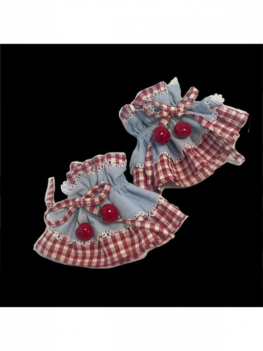 Blue and Red Cherry-Embellished Wrist Cuffs - Rosede Cheese