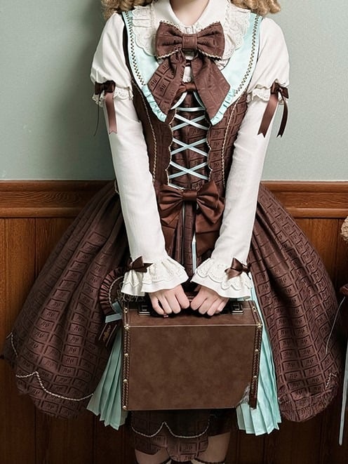 Scoop Scalloped Dress Chocolate Sweet Mint Hem with Lolita Neckline Edge Green