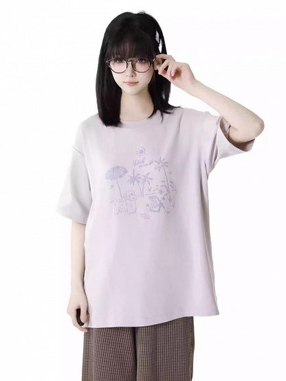 ルーズグラフィティTシャツ パピー ラウンドネック グレー/ピンク/ライトパープル