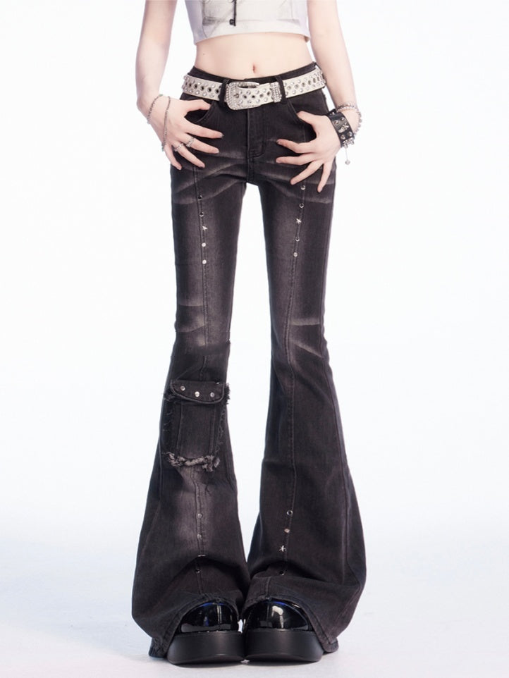 Rise Stud Flared Jeans Dunkelgrau Niedrige Details Verblasste Waschung Vintage