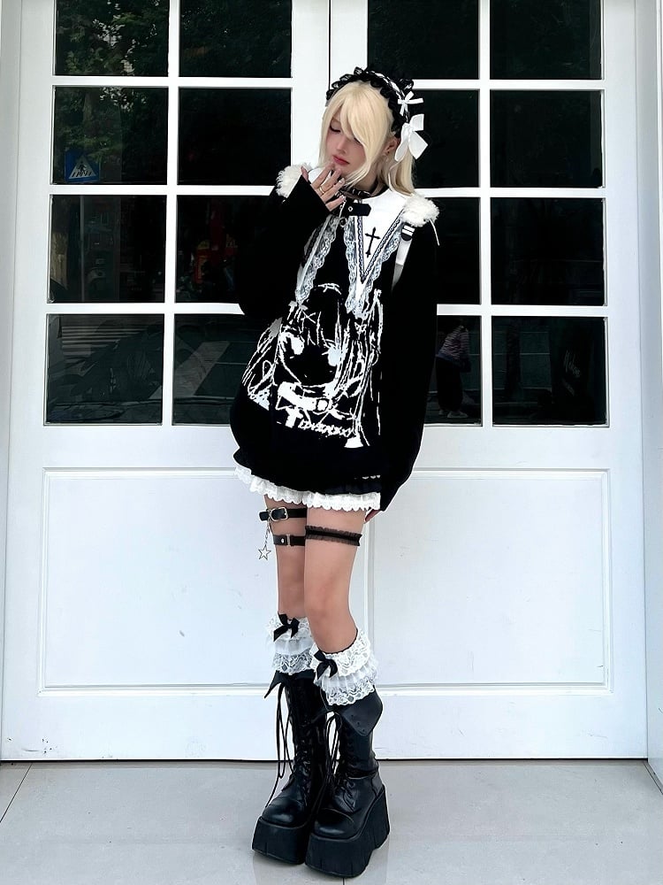 Embroidered Top Cross with Sleeve Collar Black Long Gothic Pointed Flat