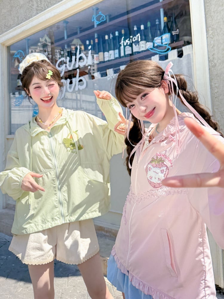 レース ゆめかわいい ピンク ストロベリーアップリケ ジャケット 蝶結び 日焼け防止 フード付き