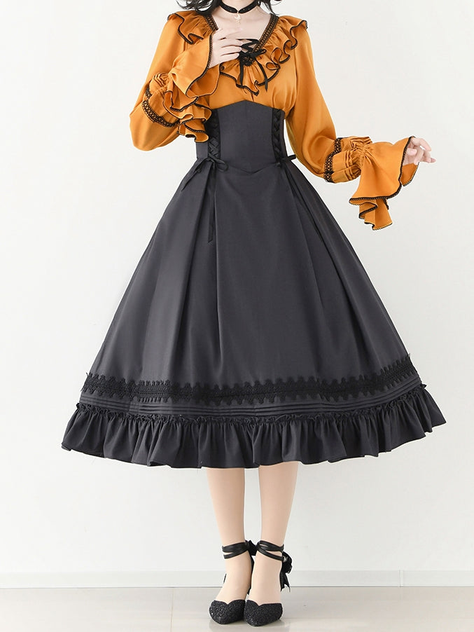 Pumpkin Orange Lace-up Structured Ruffles V-neck Long-Sleeve Blouse