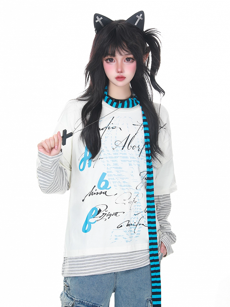 Vibe Long Faux Top Punk Sleeve Two-Piece Striped Sleeves with White/Black