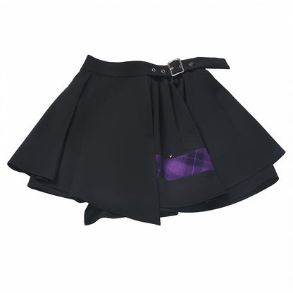 Skort Purple Buckle Strap Design Black  Plaid Patchwork