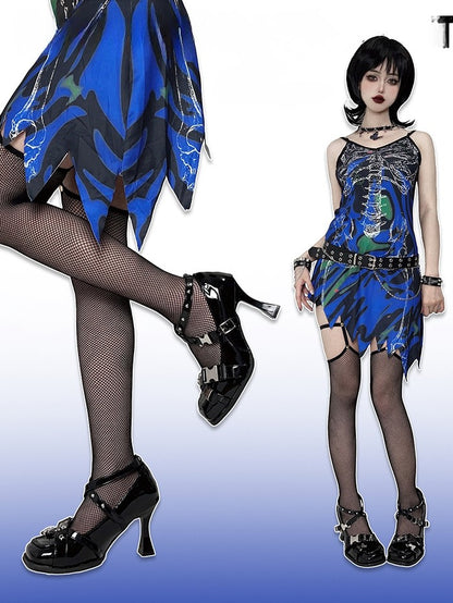 PU Punk Crisscross Details Janes Schwarze High-Heel-Riemen mit Nieten, quadratische Zehenpartie mit Mary -