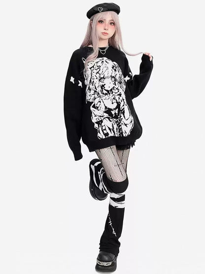 ブラックガール柄ラウンドネックルーズセーター